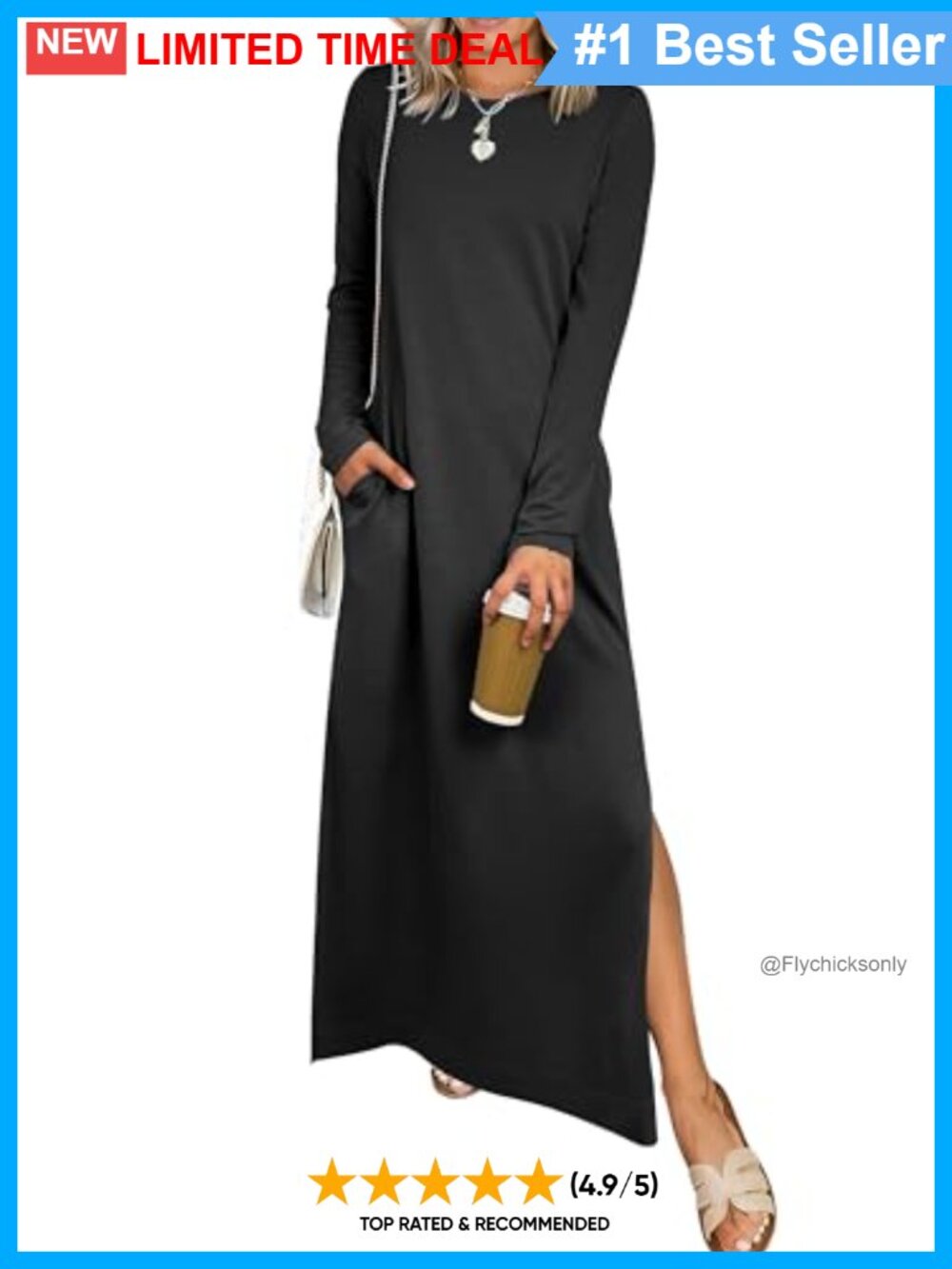 Long Sleeve Maxi Dress Crewneck Wrinkle Free Casual Fall with Pockets